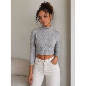 Cropped Freshman Heather Gray Cable Turtleneck Sweater